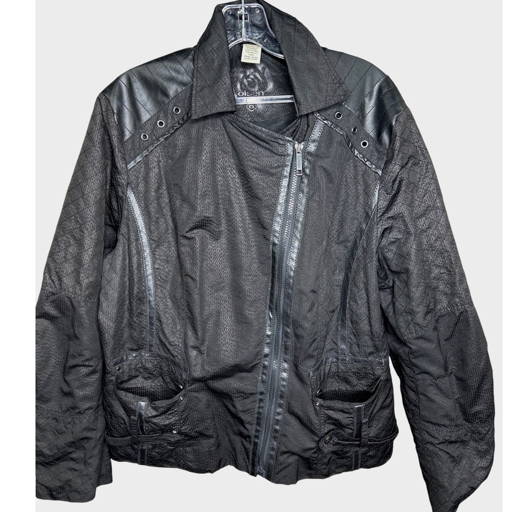 Olsen Europe M/L‎ Black Quilted Moto Jacket Faux Leather Trim Biker Style Women